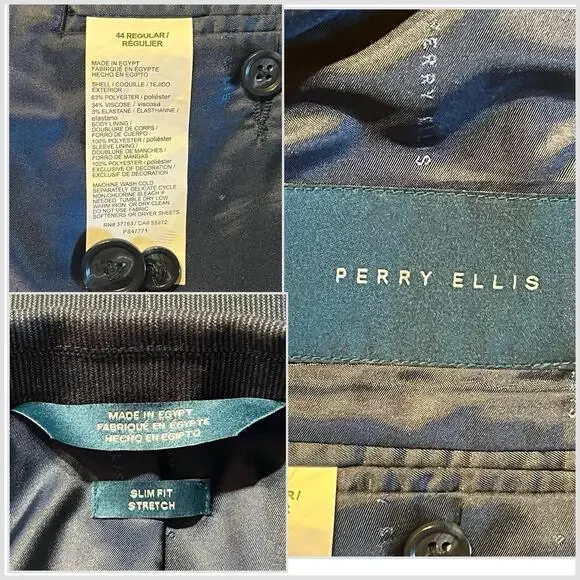 Perry Ellis 3 Piece Suit 44R 38x31.5 Navy Blue and White Textured Look - Picture 13 of 16